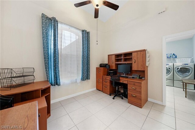 office with independent washer and dryer, high vaulted ceiling, light tile patterned floors, and ceiling fan