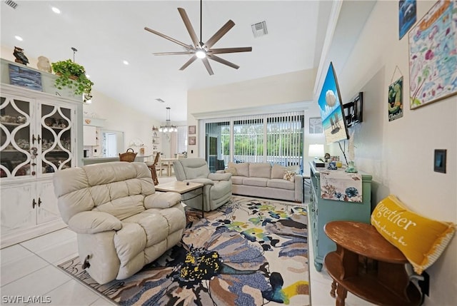 living room featuring light tile patterned floors, visible vents, lofted ceiling, ceiling fan with notable chandelier, and recessed lighting