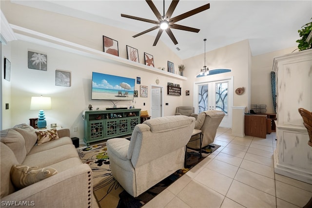 tiled living room featuring french doors, high vaulted ceiling, and ceiling fan