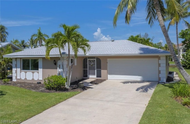 single story home featuring stucco siding, concrete driveway, a garage, and a shingled roof