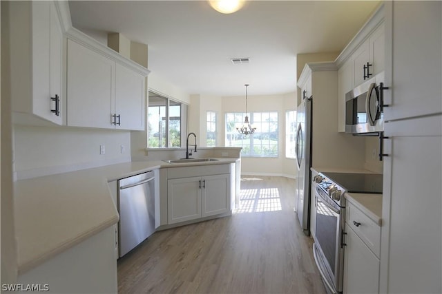 kitchen featuring pendant lighting, sink, appliances with stainless steel finishes, a notable chandelier, and white cabinets