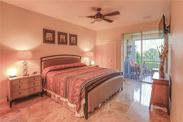 bedroom with access to exterior and ceiling fan