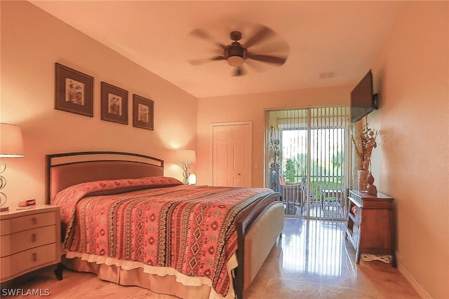 bedroom featuring ceiling fan and access to outside