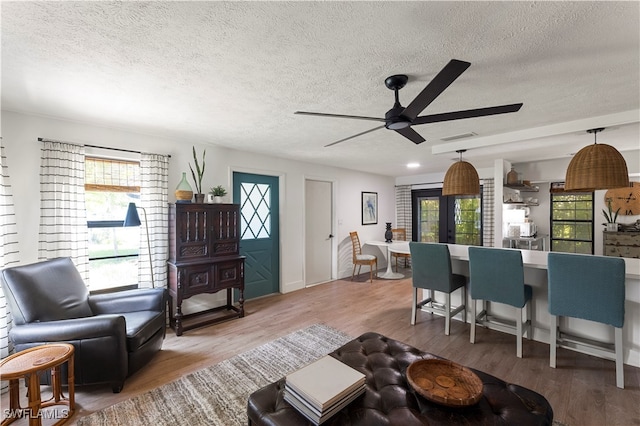 living room with a wealth of natural light, wood-type flooring, and ceiling fan