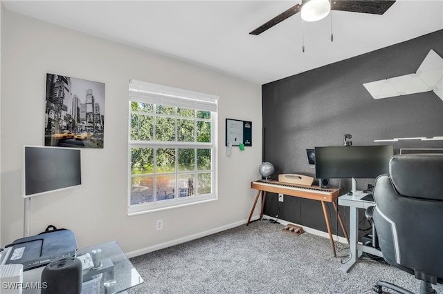 carpeted office with ceiling fan