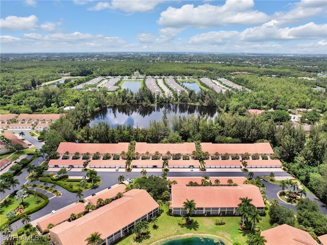 drone / aerial view with a water view