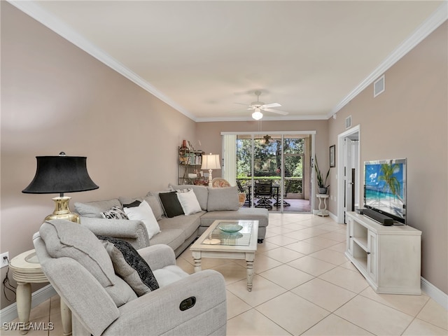 living room featuring ceiling fan, light tile patterned floors, and ornamental molding