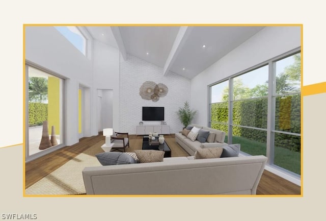 living room with beamed ceiling, high vaulted ceiling, and hardwood / wood-style floors