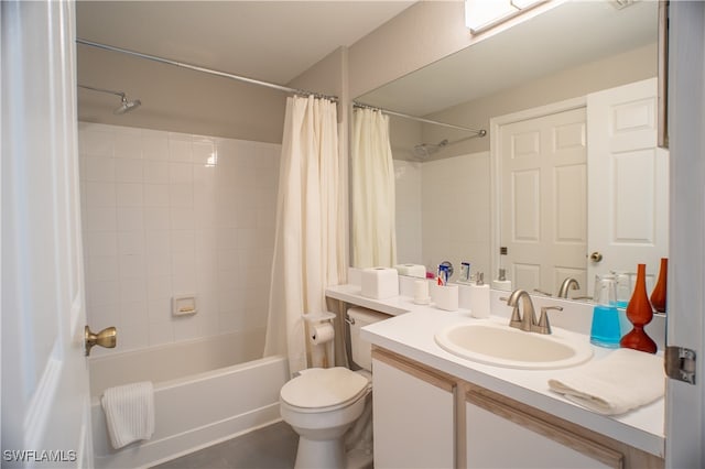 full bathroom with tile patterned floors, shower / bath combination with curtain, vanity, and toilet