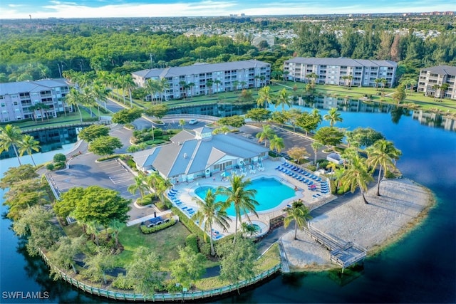 drone / aerial view featuring a water view