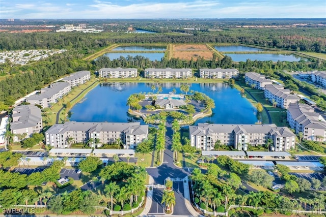 drone / aerial view with a water view