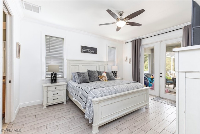 bedroom with french doors, access to exterior, ceiling fan, and crown molding