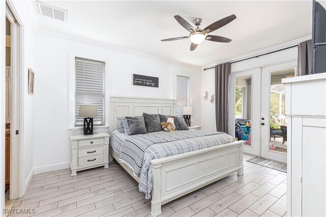 bedroom featuring french doors, access to exterior, ceiling fan, crown molding, and light hardwood / wood-style flooring