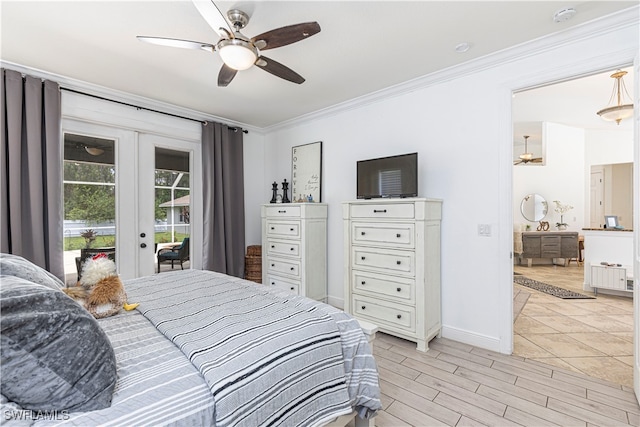 bedroom featuring french doors, access to exterior, ceiling fan, light hardwood / wood-style floors, and ornamental molding