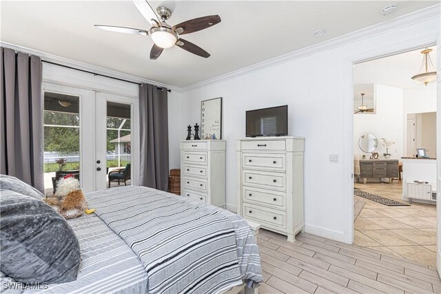 bedroom with crown molding, ceiling fan, access to exterior, french doors, and light wood-type flooring