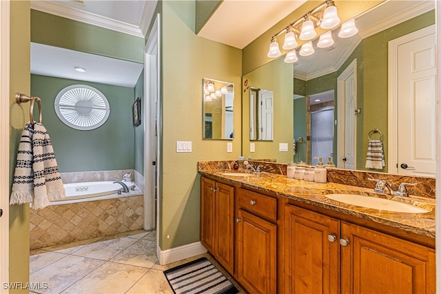 bathroom with ornamental molding, tile patterned flooring, a relaxing tiled tub, and vanity