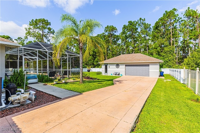 view of front facade featuring glass enclosure, a front lawn, and a garage