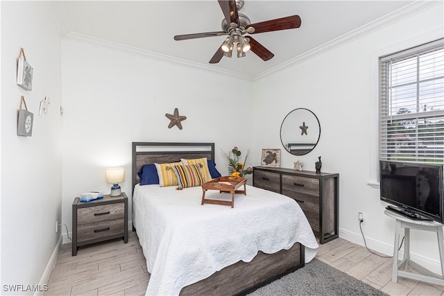 bedroom featuring ceiling fan and crown molding