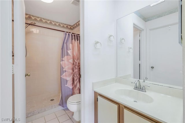 full bath with a stall shower, tile patterned flooring, vanity, and toilet