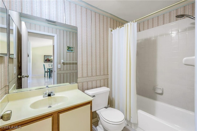 bathroom with visible vents, toilet, shower / bath combo with shower curtain, vanity, and wallpapered walls