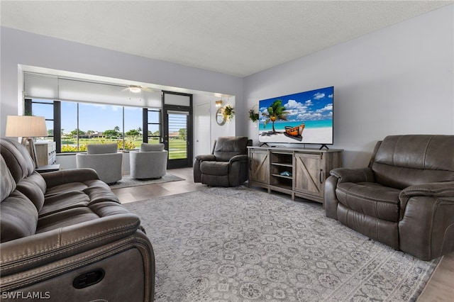 living room featuring a textured ceiling