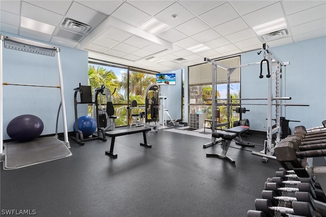 workout area featuring a wall of windows and a paneled ceiling