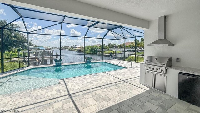 view of pool with a water view, area for grilling, and glass enclosure