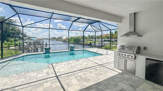 view of pool with a lanai, area for grilling, a water view, and a grill