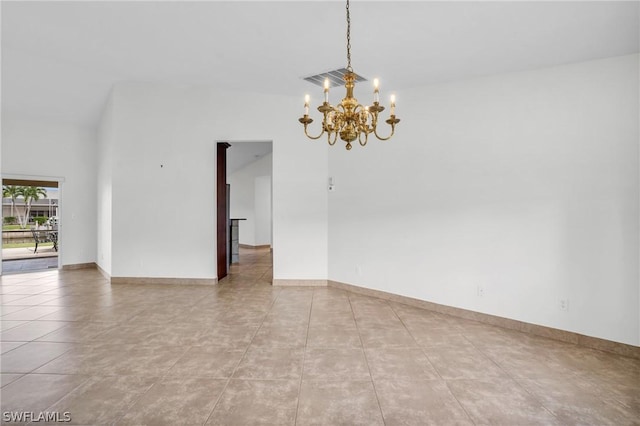 unfurnished room featuring light tile patterned floors and an inviting chandelier