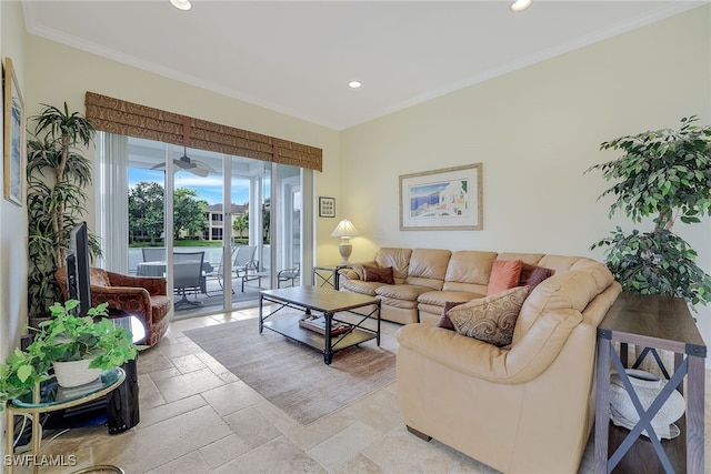 living room with ornamental molding