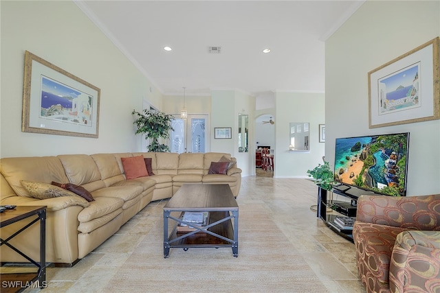 living room featuring ornamental molding