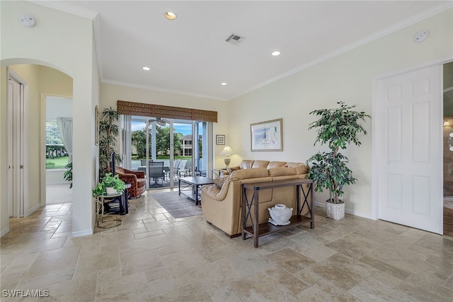 living room with crown molding