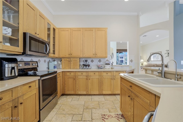 kitchen with appliances with stainless steel finishes, backsplash, ornamental molding, sink, and light brown cabinets