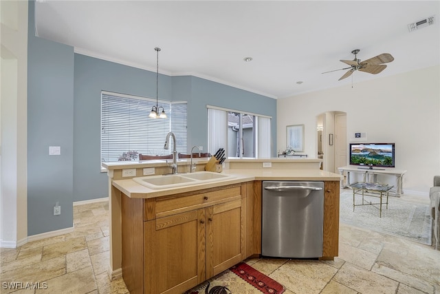 kitchen with dishwasher, sink, hanging light fixtures, ornamental molding, and an island with sink