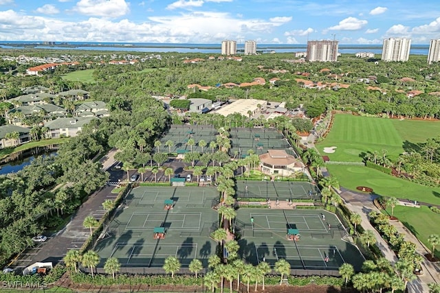 aerial view featuring a water view