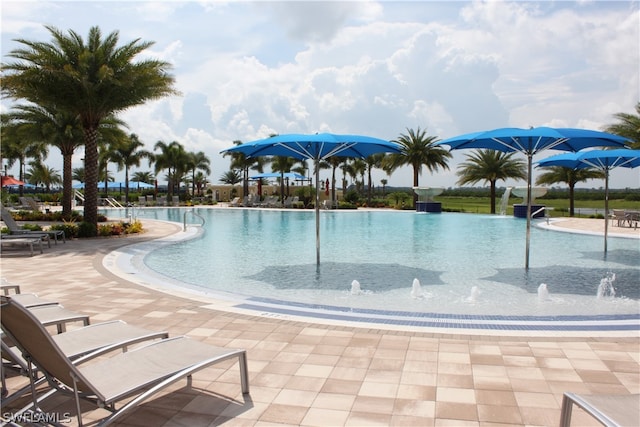 view of pool featuring a patio area and pool water feature