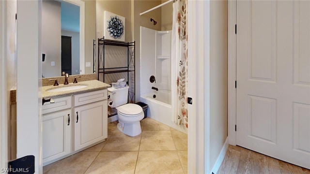 full bathroom featuring shower / tub combo, wood-type flooring, toilet, and vanity