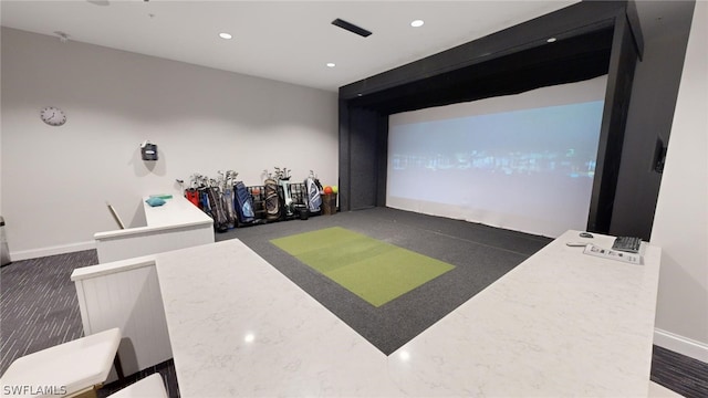 carpeted home theater room with golf simulator