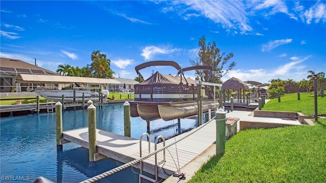 dock area featuring a water view and a yard