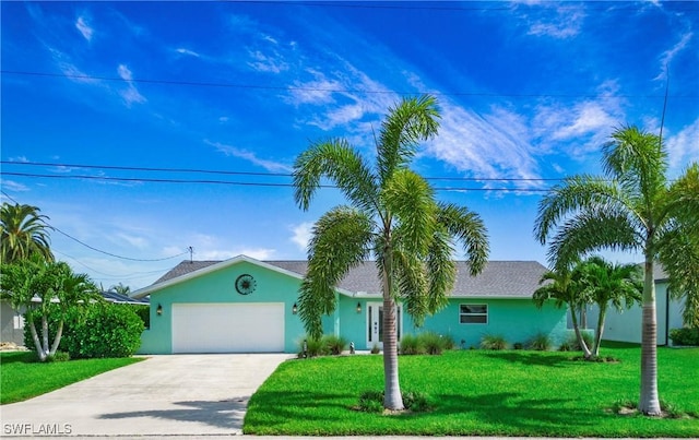 single story home with a garage and a front yard