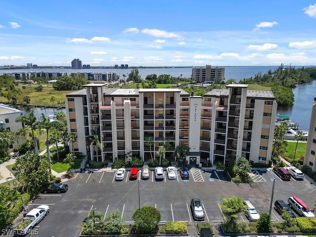 view of building exterior with a water view