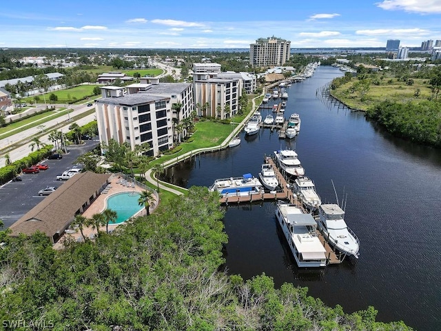 bird's eye view with a water view