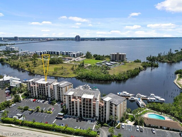 drone / aerial view featuring a water view