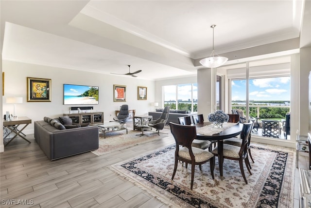 dining space featuring ceiling fan and light hardwood / wood-style flooring