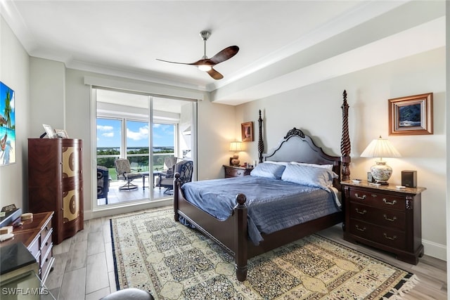 bedroom with access to outside, ornamental molding, light hardwood / wood-style floors, and ceiling fan