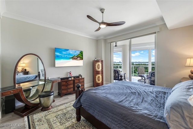 bedroom with ornamental molding, wood-type flooring, ceiling fan, and access to exterior