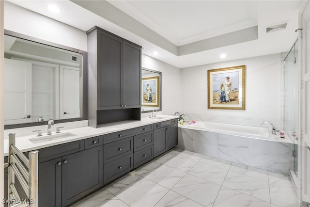 bathroom with vanity and plus walk in shower