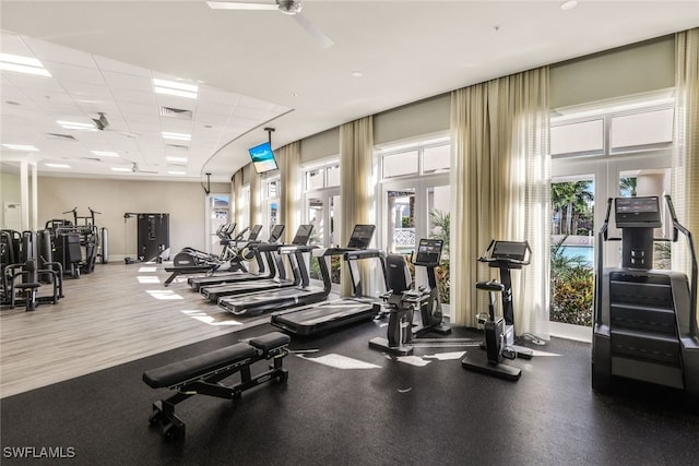 workout area with a drop ceiling and a wealth of natural light