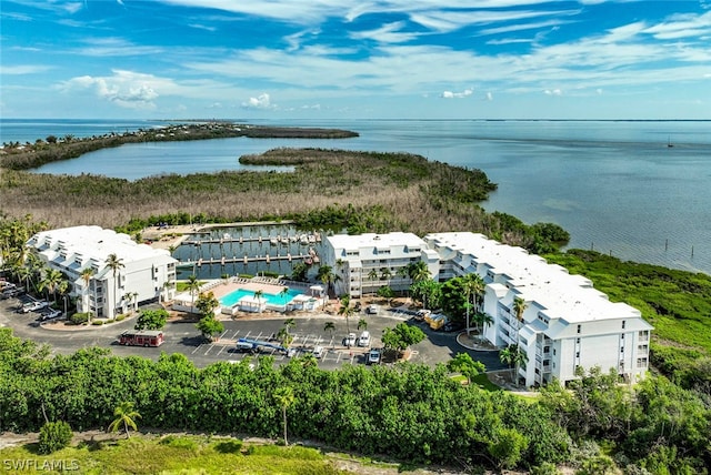 drone / aerial view with a water view