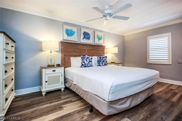 bedroom with crown molding, dark wood-style flooring, baseboards, and a ceiling fan
